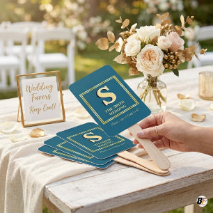 Elegant Gold Monogram Teal Blue Wedding Favour Hand Fan