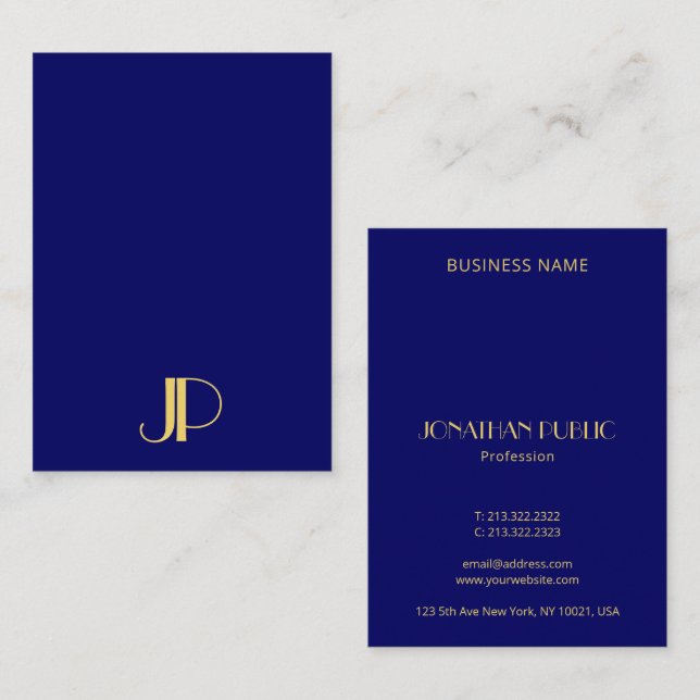 Elegant Gold Monogram Template Navy Blue Vertical Business Card (Front/Back)