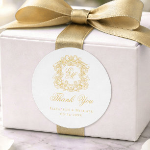 Elegant Gold Monogram Wedding Crest Thank You Classic Round Sticker