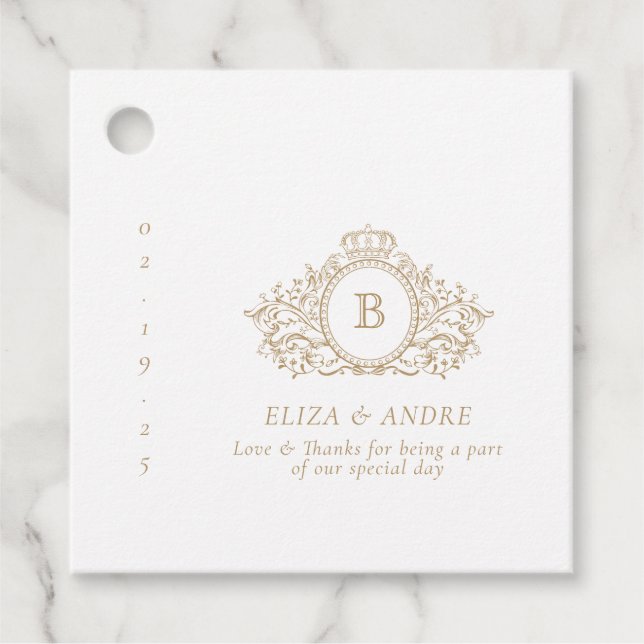 Elegant Gold Monogram Wedding Favour Tag (Front)