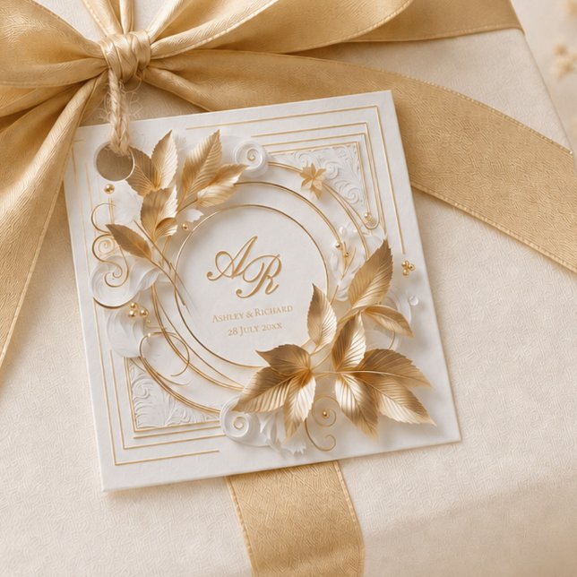 Elegant Gold Monogram Wedding Favour Tags (elegant ivory gold botanical monogram wedding favor tag with custom names and wedding date)