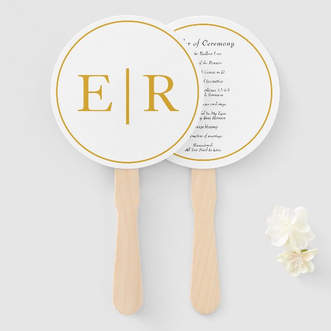 Elegant Gold Monogram Wedding Program Hand Fan (Front and Back)