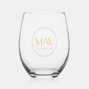 Elegant Gold Monogram Wedding Stemless Wine Glass