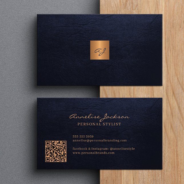 Elegant gold monogrammed modern QR code navy Business Card (Creator Uploaded)