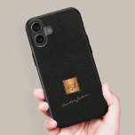 Elegant gold monogrammed script name black leather iPhone 16 case<br><div class="desc">Trendy luxury exclusive looking monogrammed iPhone case featuring a faux gold square over a stylish classy black leather looking (PRINTED,  NOT REAL LEATHER TEXTURE) background.             Personalize it with your white script signature name and monogram name initials.</div>