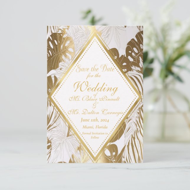 Elegant Gold Monstera  Wedding Save The Date Card (Standing Front)
