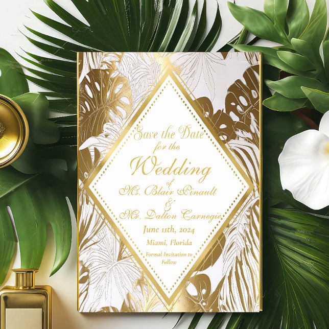 Elegant Gold Monstera  Wedding Save The Date Card (Stunning Save The Date Enclosure Card)