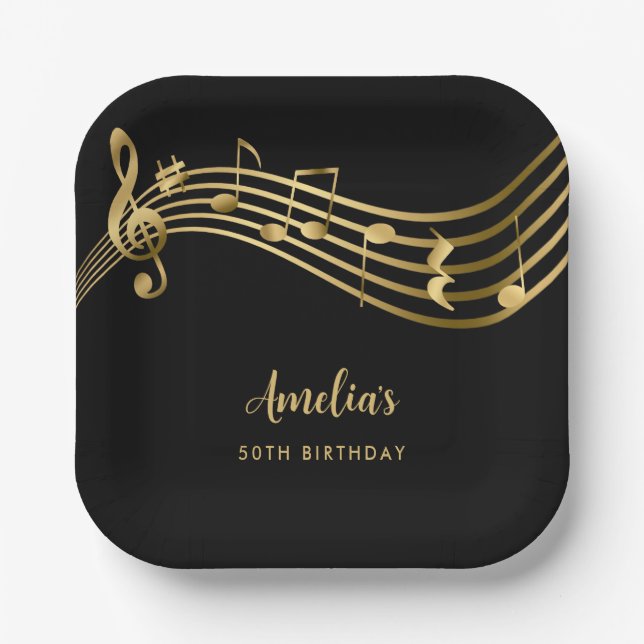 Elegant Gold Music Notes 50th Birthday Black Paper Plate (Front)