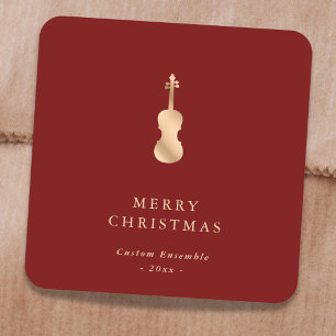 Elegant Gold Music Violin Christmas Red Square Sticker