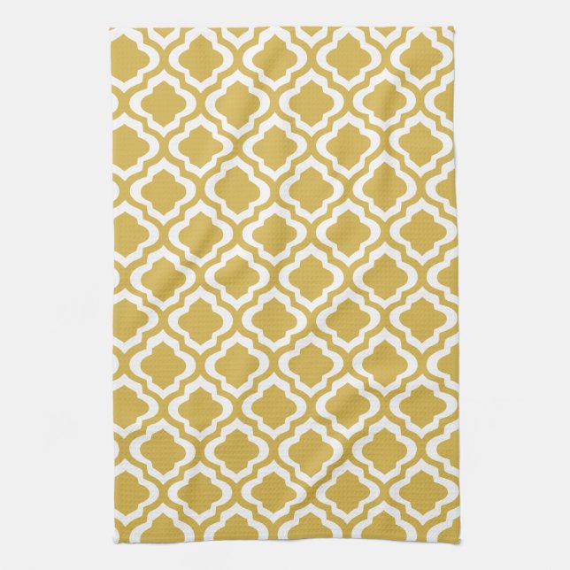 Elegant Gold Mustard Moroccan Quatrefoil Clover Kitchen Towel (Vertical)