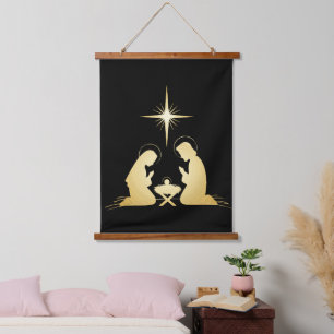 Elegant Gold Nativity Scene   Modern Christian  Hanging Tapestry