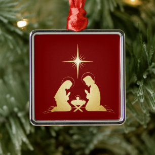 Elegant Gold Nativity Scene Modern Christian Metal Ornament