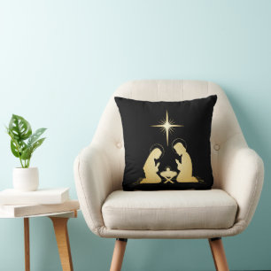 Elegant Gold Nativity Scene Modern Christian Throw Pillow