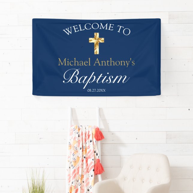 Elegant Gold Navy Baby Baptism Welcome Banner (Insitu)
