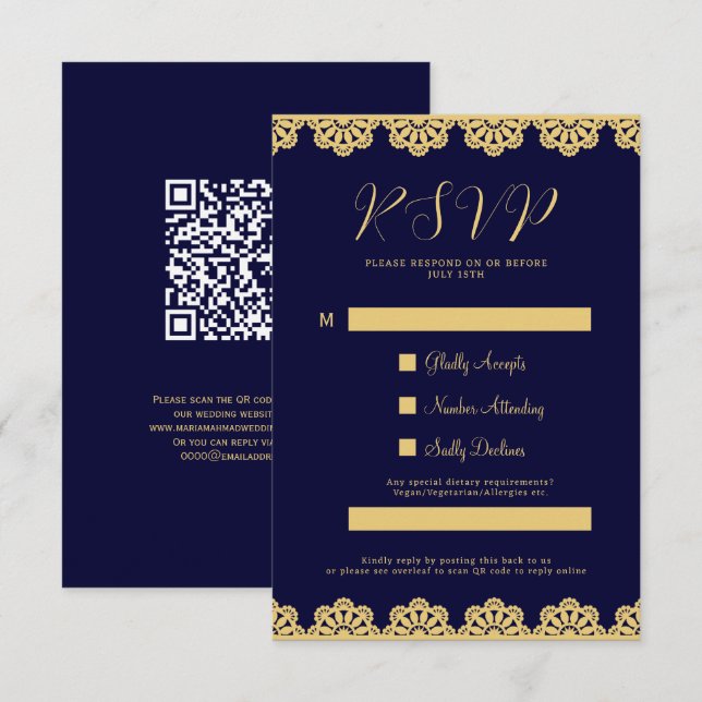 Elegant Gold Navy bleu islamique QR Code carte RSV (Devant / Derrière)