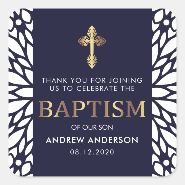 Elegant Gold & Navy Blue Baptism Thank You Square Sticker (Front)
