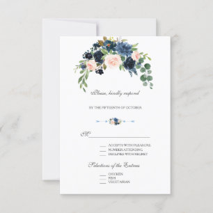Elegant Gold Navy Blue Blush Flowers Bloom RSVP Card