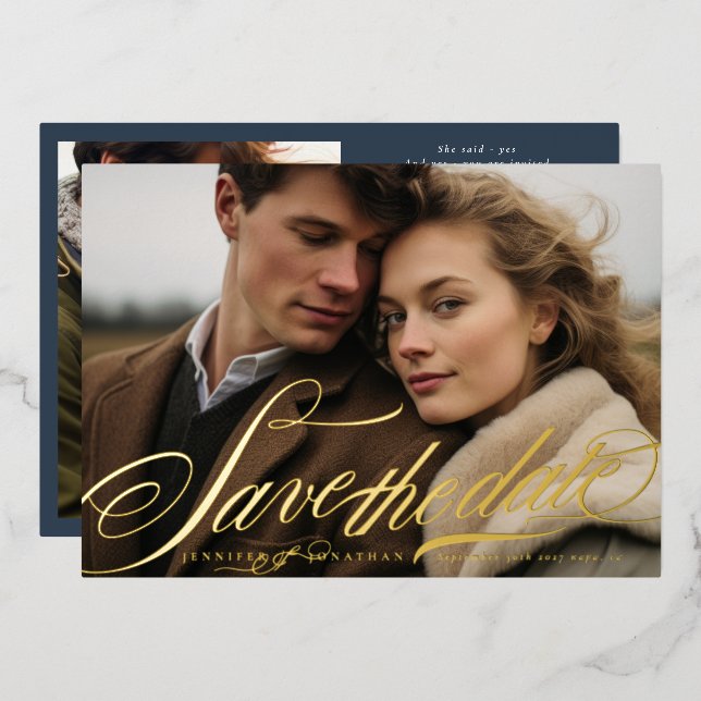 Elegant Gold Navy Blue Calligraphy QR Code Photo (Front/Back)