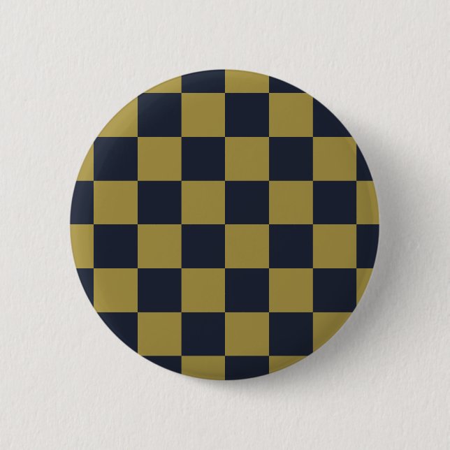 Elegant Gold & Navy Blue Chequered Pattern 2 Inch Round Button (Front)