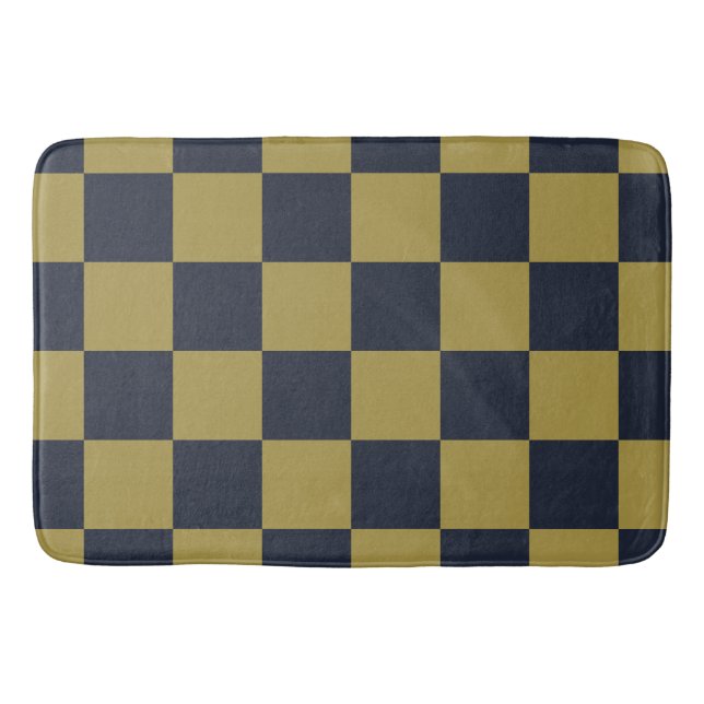 Elegant Gold & Navy Blue Chequered Pattern Bath Mat (Front)