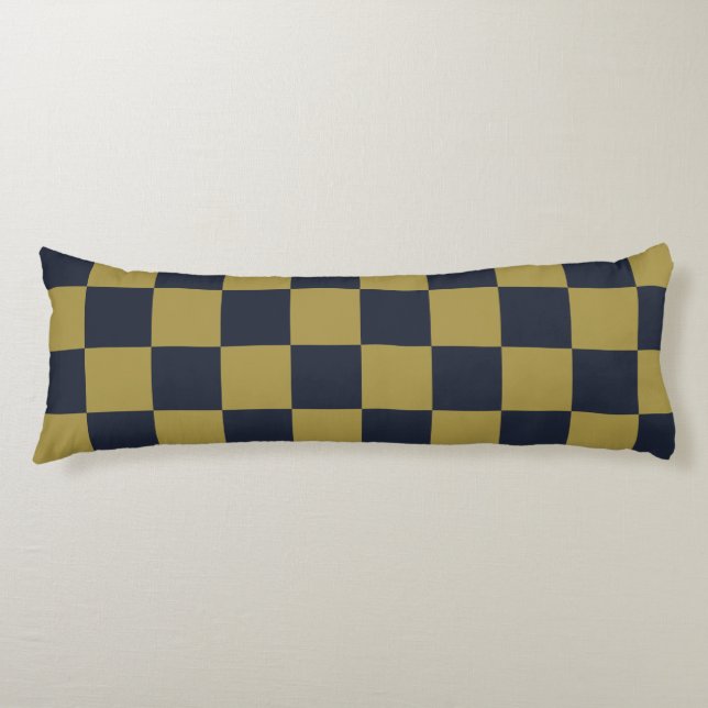 Elegant Gold & Navy Blue Chequered Pattern Body Pillow (Front)