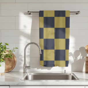 Elegant Gold & Navy Blue Chequered Pattern Kitchen Towel