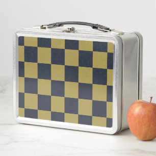 Elegant Gold & Navy Blue Chequered Pattern Metal Lunch Box