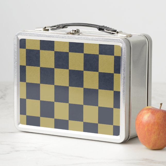 Elegant Gold & Navy Blue Chequered Pattern Metal Lunch Box (In Situ)