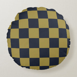 Elegant Gold & Navy Blue Chequered Pattern Round Pillow