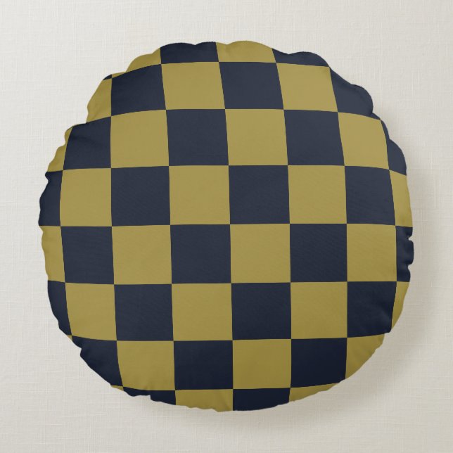 Elegant Gold & Navy Blue Chequered Pattern Round Pillow (Front)