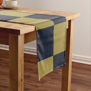 Elegant Gold & Navy Blue Chequered Pattern Short Table Runner
