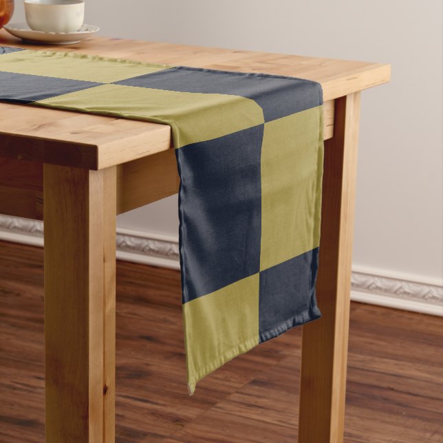 Elegant Gold & Navy Blue Chequered Pattern Short Table Runner (In Situ)