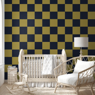 Elegant Gold & Navy Blue Chequered Pattern Wallpaper