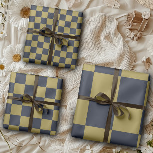 Elegant Gold & Navy Blue Chequered Pattern Wrapping Paper Sheet