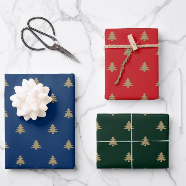 Elegant gold navy blue green red Christmas Trees  Wrapping Paper Sheet (Front)