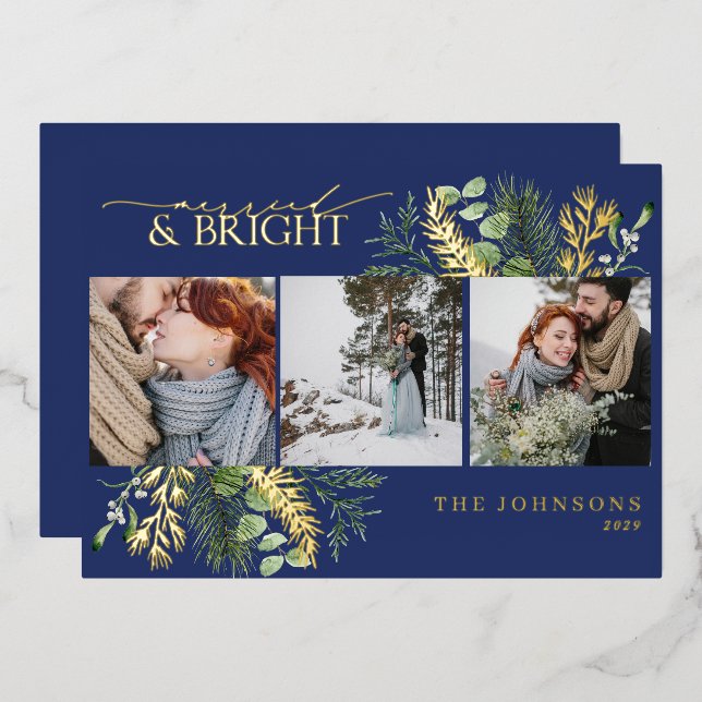 Elegant Gold Navy Blue Married & Bright Photo Foil Holiday Card (Front/Back)