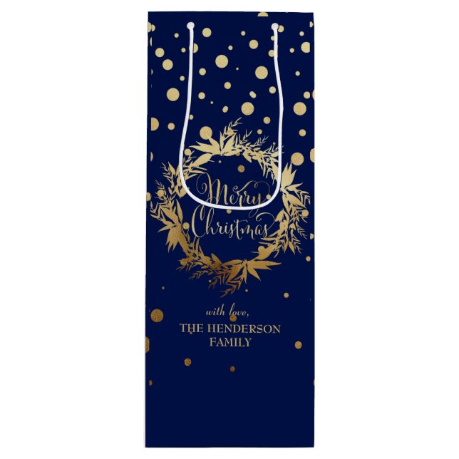 Elegant Gold Navy Blue Merry Christmas Wreath Wine Gift Bag (Front)