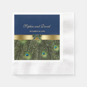 Elegant Gold Navy Blue Peacock Feathers Wedding Napkin