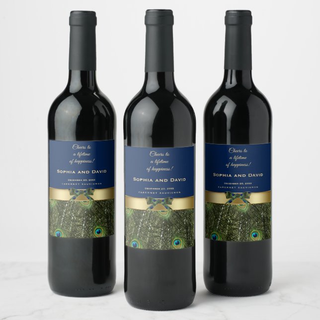 Elegant Gold Navy Blue Peacock Feathers Wedding Wine Label (Bottles)