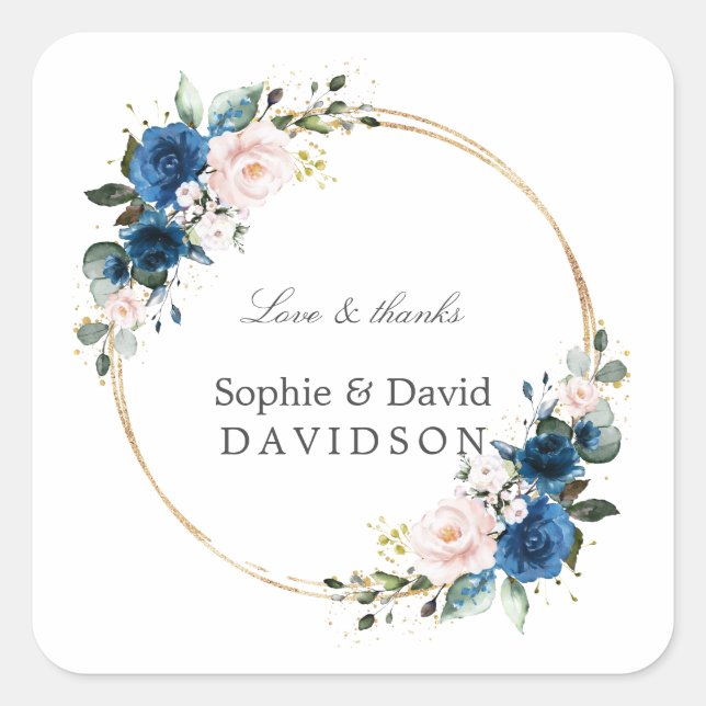 Elegant Gold Navy Blue Pink Flowers Bloom Wedding Square Sticker (Front)