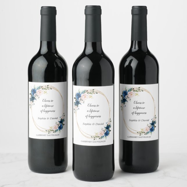 Elegant Gold Navy Blue Pink Flowers Bloom Wedding Wine Label (Bottles)