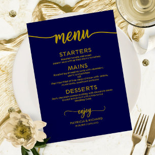 Elegant Gold Navy Blue Script Mariage Menu