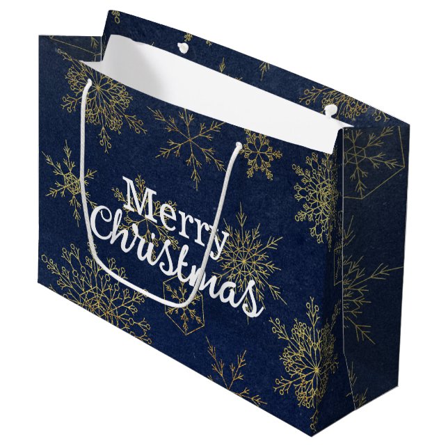  Elegant Gold Navy Blue Snowflakes Merry Christmas Large Gift Bag (Front Angled)