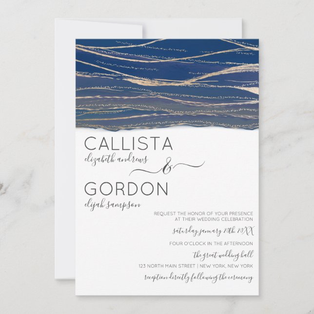 Elegant Gold Navy Blue Veined Watercolor Wedding Invitation (Front)