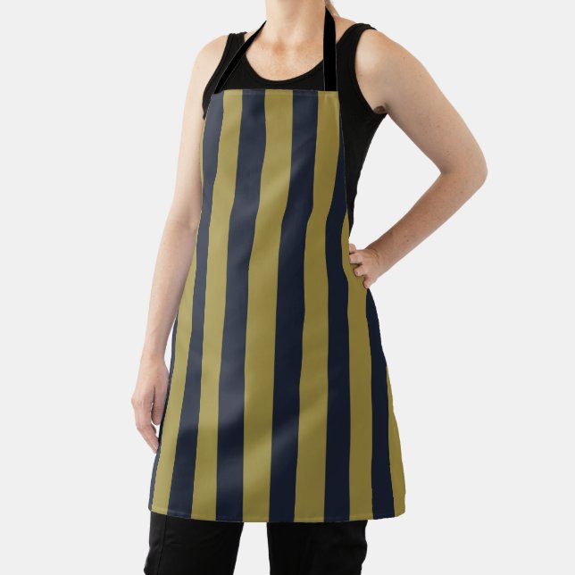 Elegant Gold & Navy Blue Vertical Stripes Apron (Insitu)
