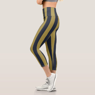 Elegant Gold & Navy Blue Vertical Stripes Capri Leggings
