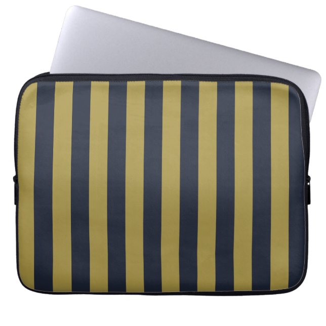 Elegant Gold & Navy Blue Vertical Stripes Laptop Sleeve (Front)