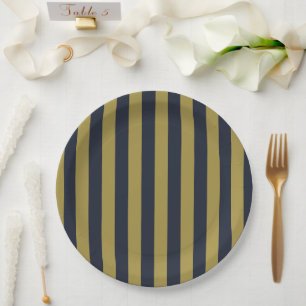 Elegant Gold & Navy Blue Vertical Stripes Paper Plate