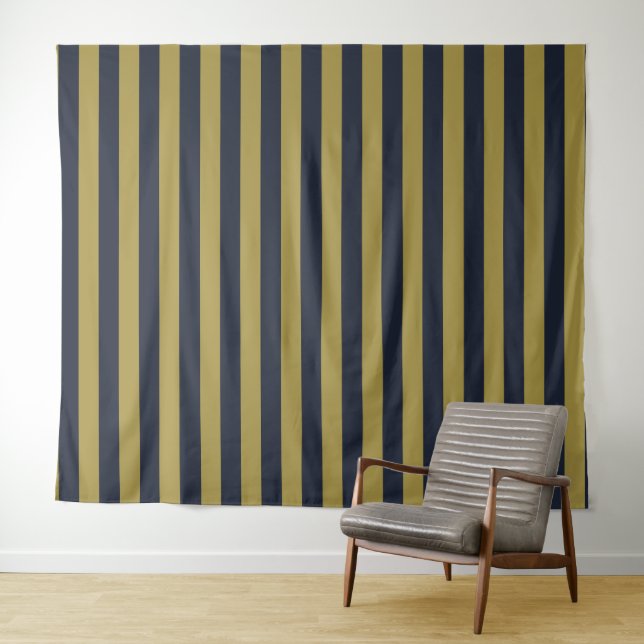 Elegant Gold & Navy Blue Vertical Stripes Tapestry (In Situ (Horizontal))
