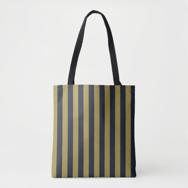 Elegant Gold & Navy Blue Vertical Stripes Tote Bag (Front)